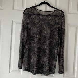 Paisley grey/black sheer lightweight long sleeve crew neck top